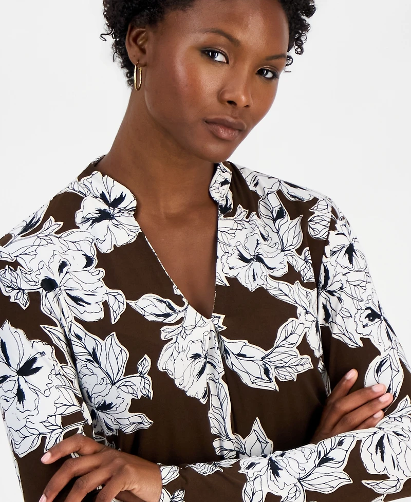 I.n.c. International Concepts Petite Floral Long-Sleeve Blouse, Created for Macy's