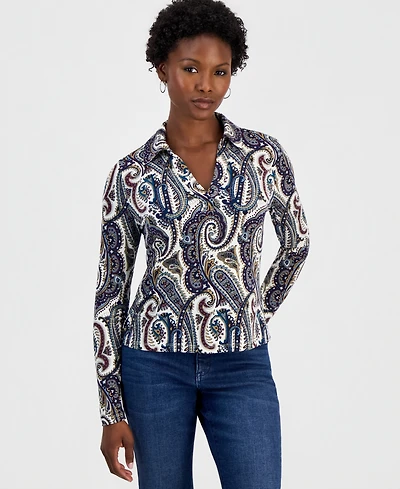 I.n.c. International Concepts Petite Paisley Long-Sleeve Johnny Collar Blouse, Macy's Exclusive