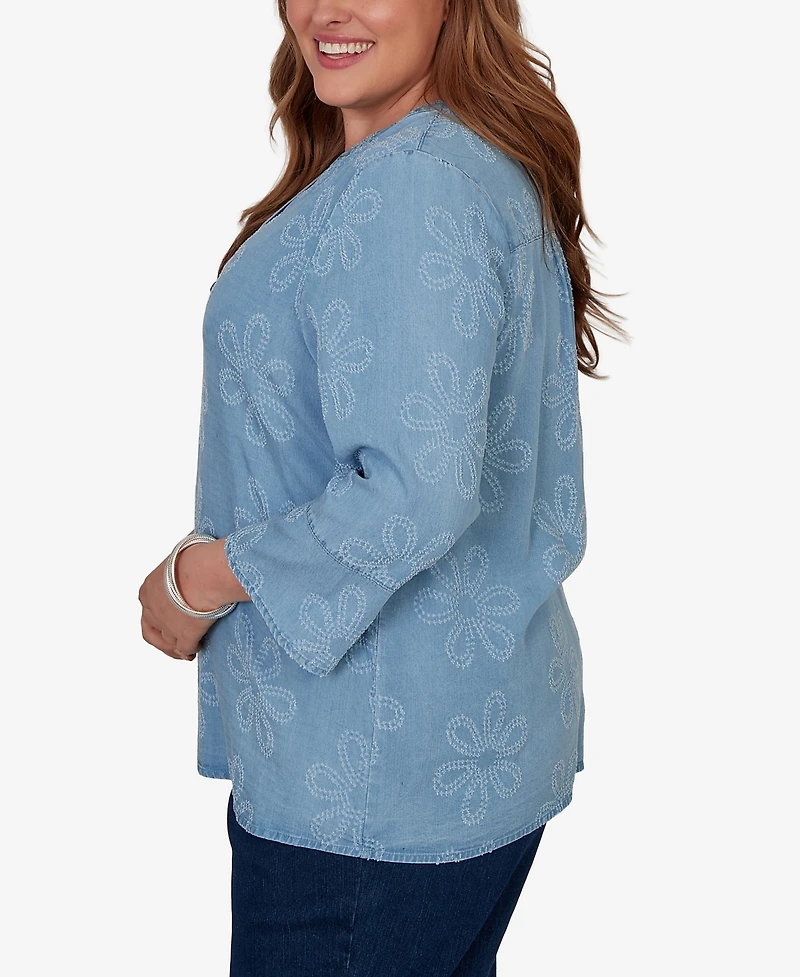 Alfred Dunner Plus Camden Market Tonal Embroidered Soft Henley Top