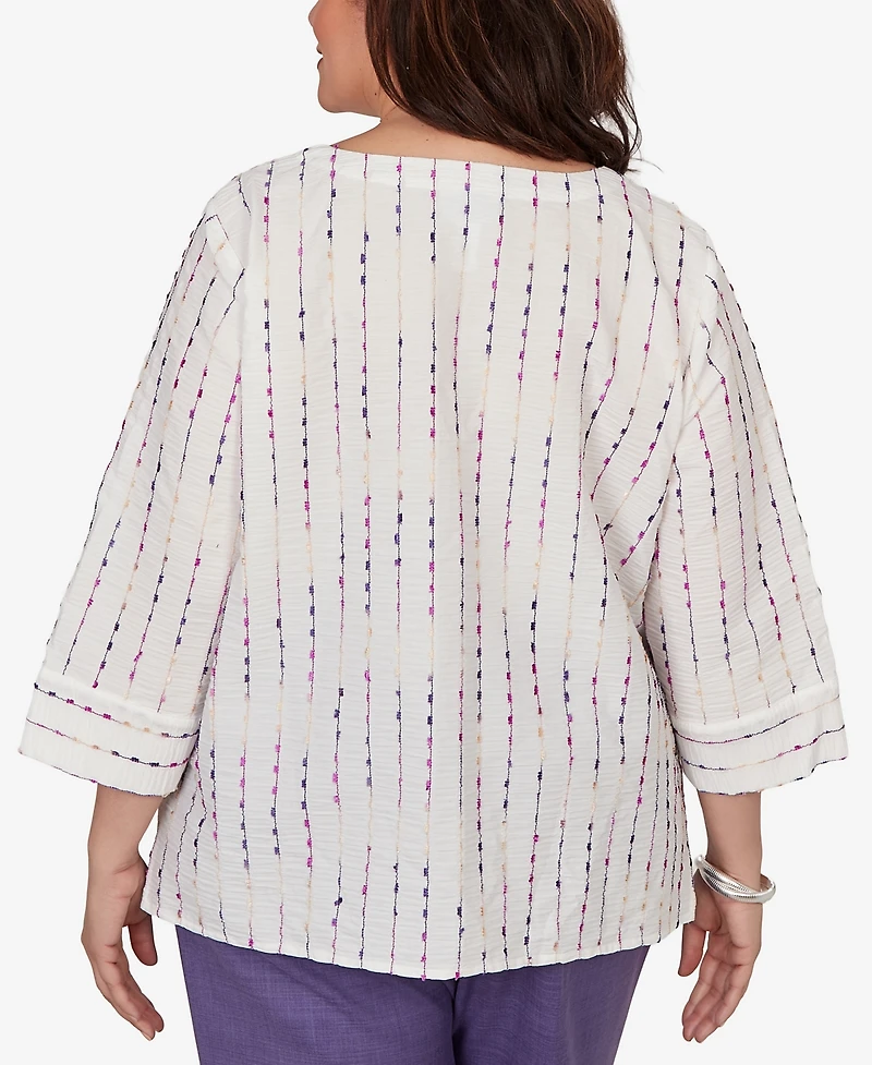 Alfred Dunner Plus Grand Bazaar White Textured Rainbow Stripe Top
