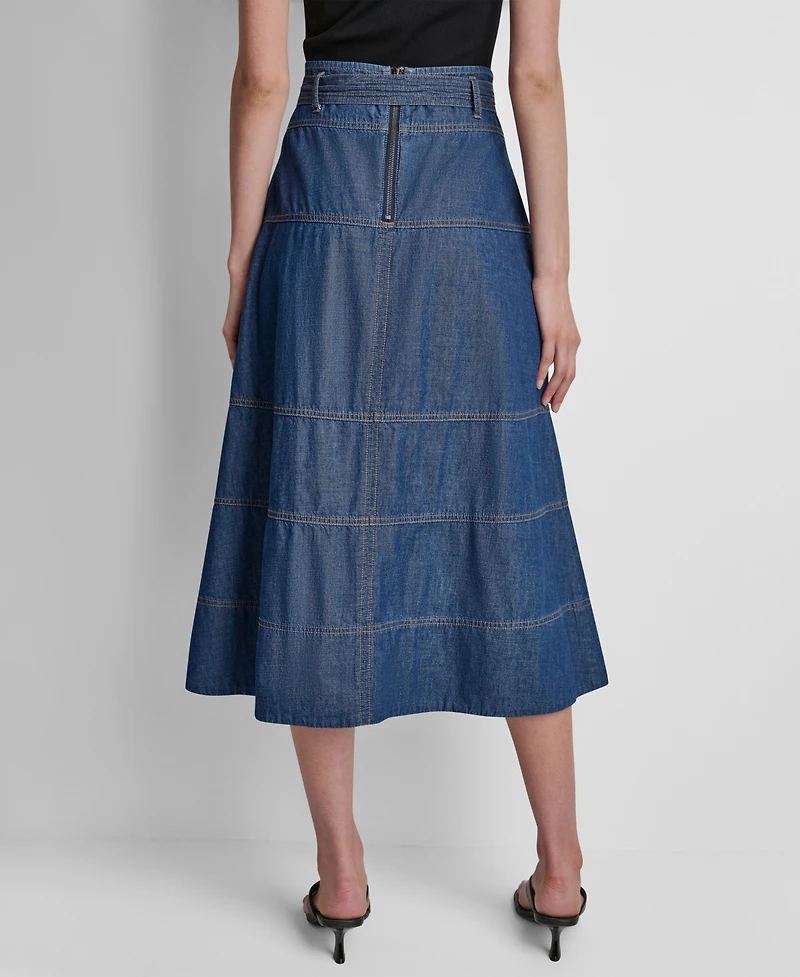 Dkny Women's Tie-Waist Contrast Stitch Cotton Midi Skirt