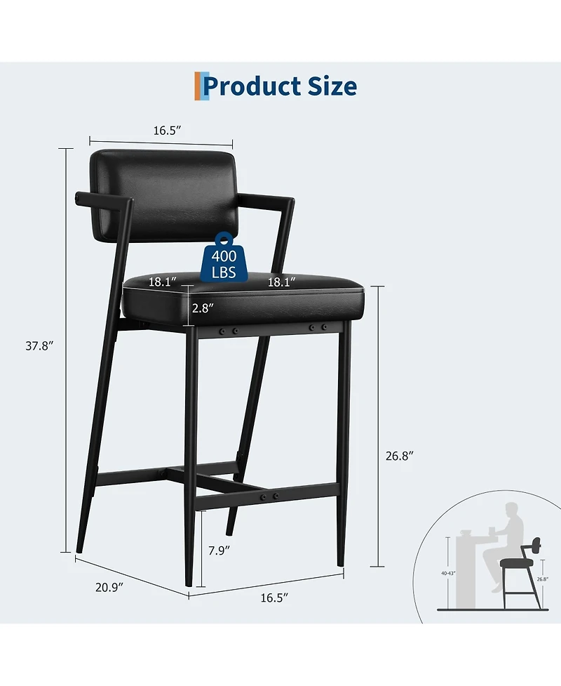 homfan 2 Pcs Modern Counter Height Bar Stools, Pu Leather Design with High Backrest, Armrests and Thick Cushion, Metal Frame for Kitchen Island