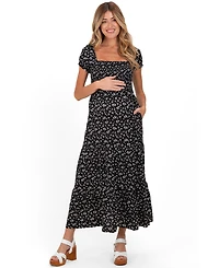 Pinkblush Maternity Black Floral Smocked Puff Sleeve Maxi Dress