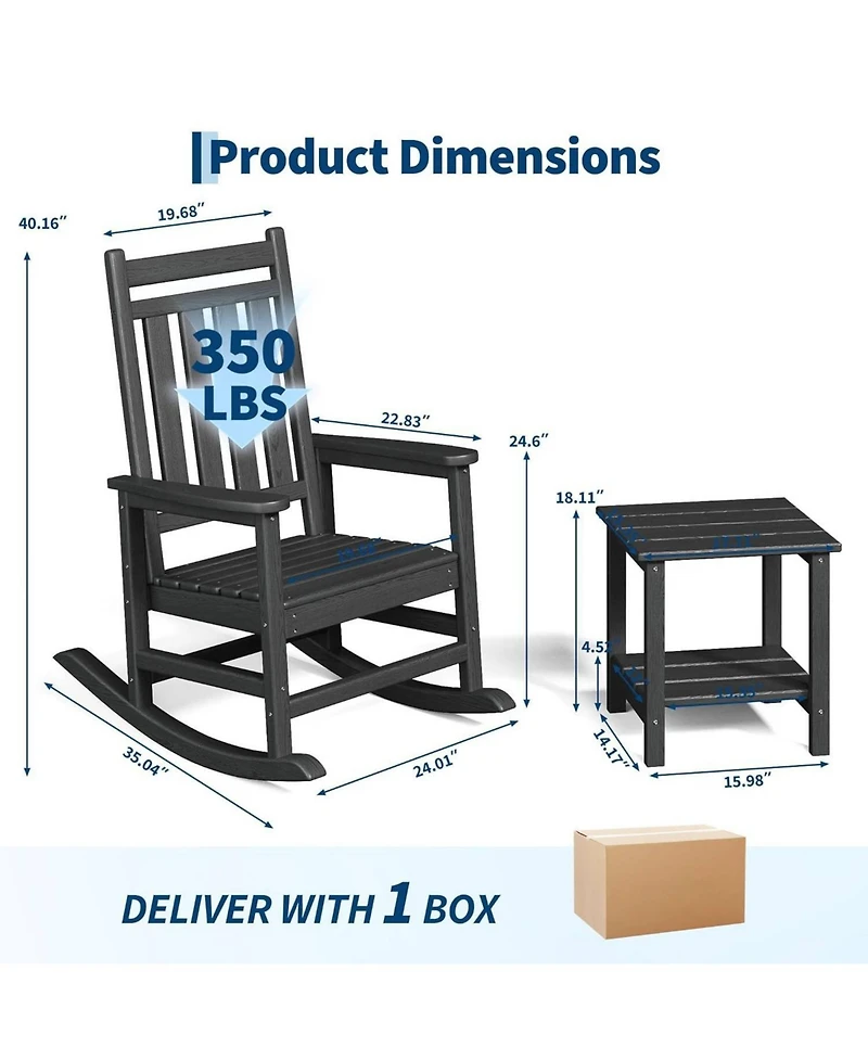 Xo 2 Piece All Weather Resistant Outdoor Hdpe Porch Rocking Chair for Balcony Backyard Porch with Side Table