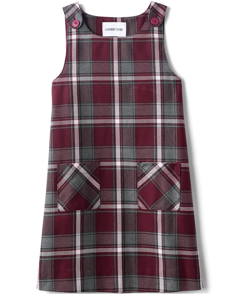 Lands' End Big Girls Plaid Button Shoulder Patch Pocket Jumper