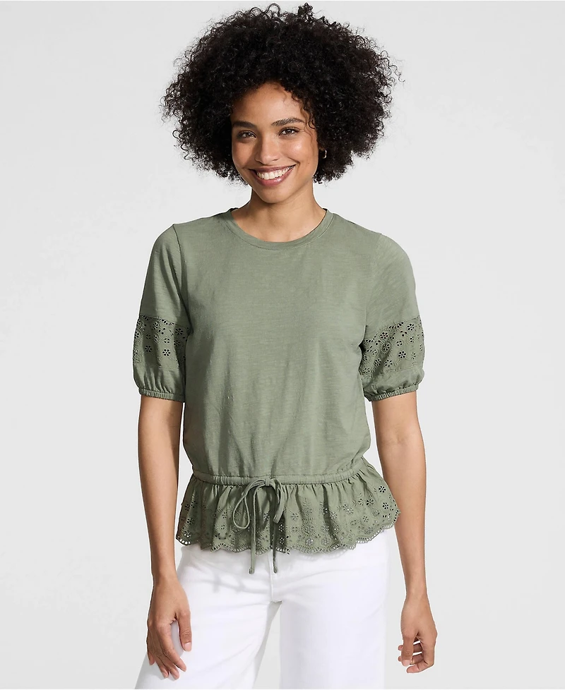 Lands' End Women's Elbow Sleeve Slub Lace Trim Adjustable Hem Top