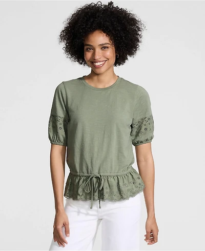 Lands' End Women's Elbow Sleeve Slub Lace Trim Adjustable Hem Top