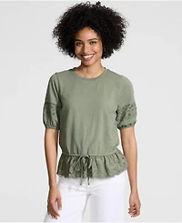 Lands' End Women's Elbow Sleeve Slub Lace Trim Adjustable Hem Top