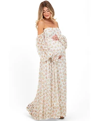 Pinkblush Maternity Orange Floral Lace Smocked Long Sleeve Off Shoulder Maxi Dress