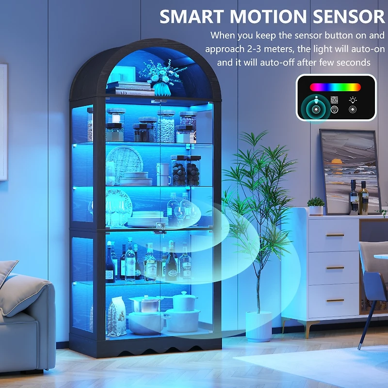 Vlsrka 6-Tier Glass Display Cabinet With Rgb Sensor Lights And Lock