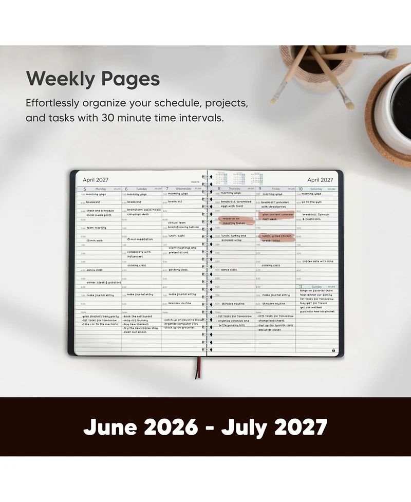 Gnuadz Academic Planner 2026-2027 Hourly Weekly Monthly Appointment Book Flexible Cover Twin-wire Binding Productivity June ,July
