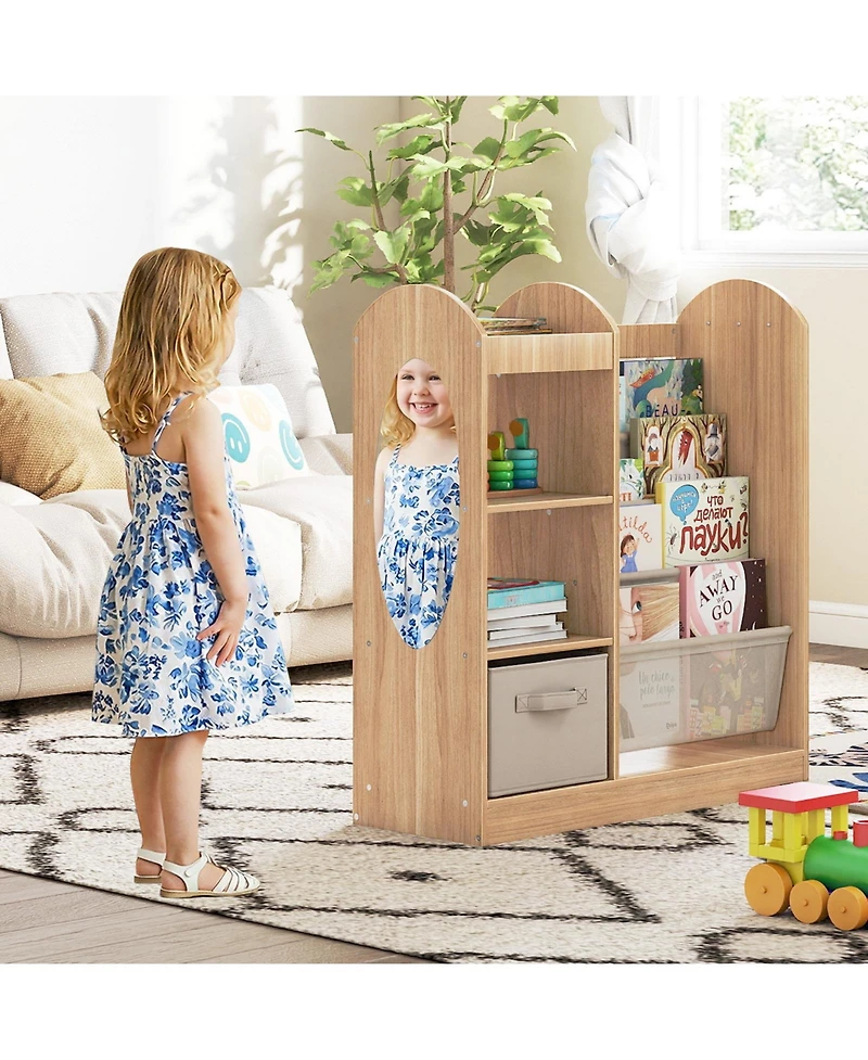 Gymax Kids Bookshelf with Full-Length Mirror 4-Tier Sling Shelves and Fabric Drawer