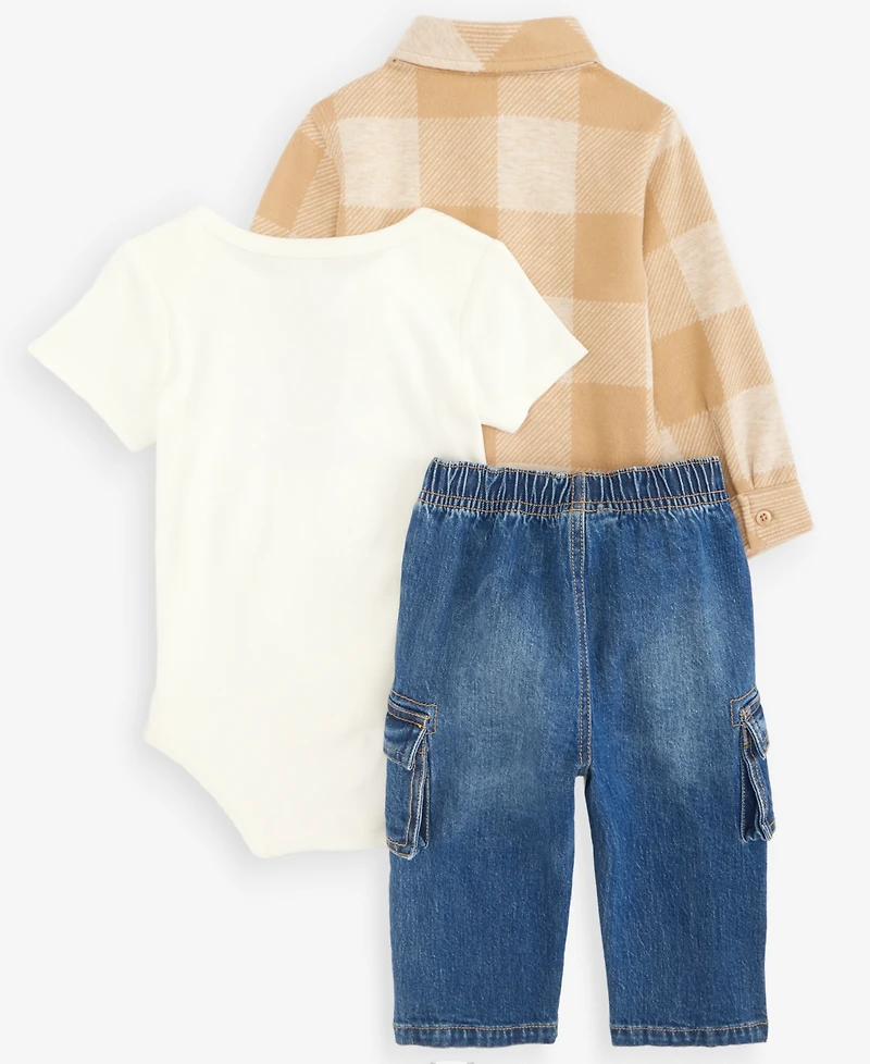 First Impressions Baby Boys' 3M-24M Flannel Shirt, Bodysuit and Cargo Pants, 3-Piece Set, Macy's Exclusive