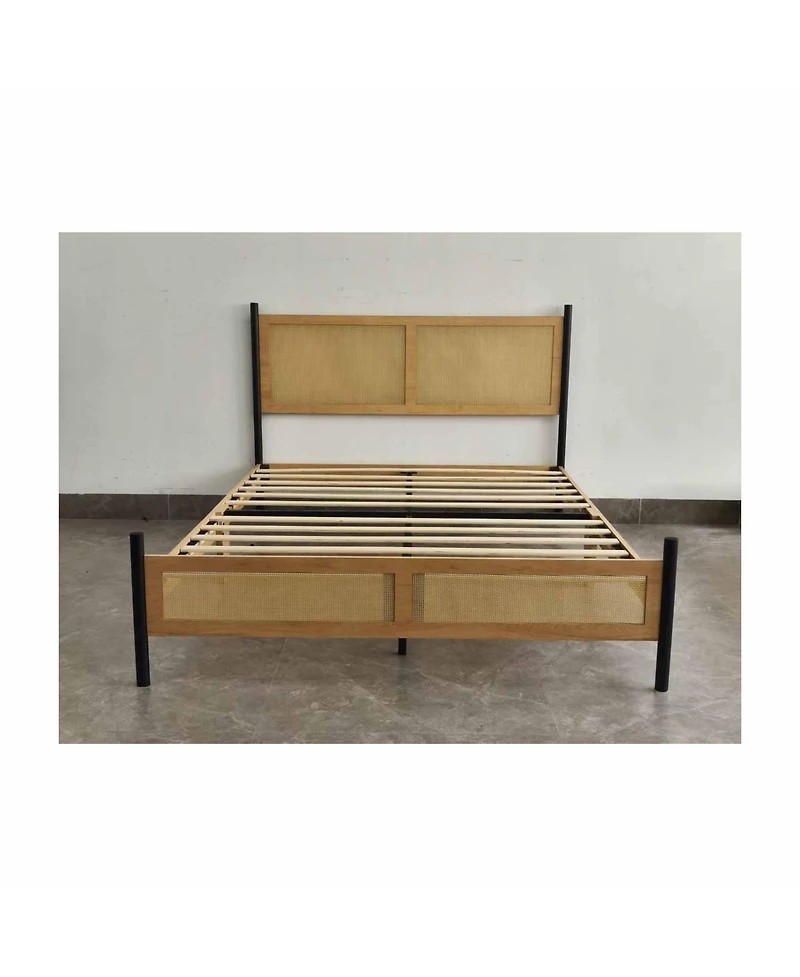 Homfan Bed Frame with Rattan Headboard, Sturdy Wooden Slats