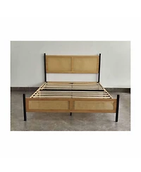 Homfan Bed Frame with Rattan Headboard, Sturdy Wooden Slats