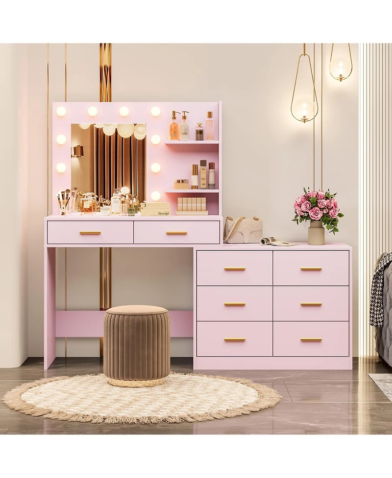 homfan 61" Make Up Vanity Desk with Mirror and Lights, Vanity with 8 Wide Storage Drawers and 2 Tier Shelves