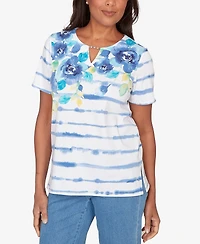 Alfred Dunner Petite Striped Floral Split Neck Top