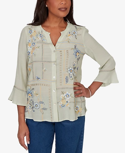 Alfred Dunner Petite Indigo Girls Floral Embroidered Squares Button-Front Top