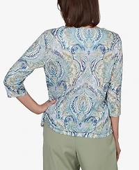 Alfred Dunner Petite Indigo Girls Medallion Print Braided Neck Top