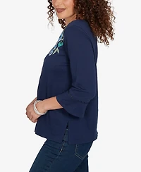 Alfred Dunner Petite Indigo Girls Asymmetric Sequin Flowers Knit Top