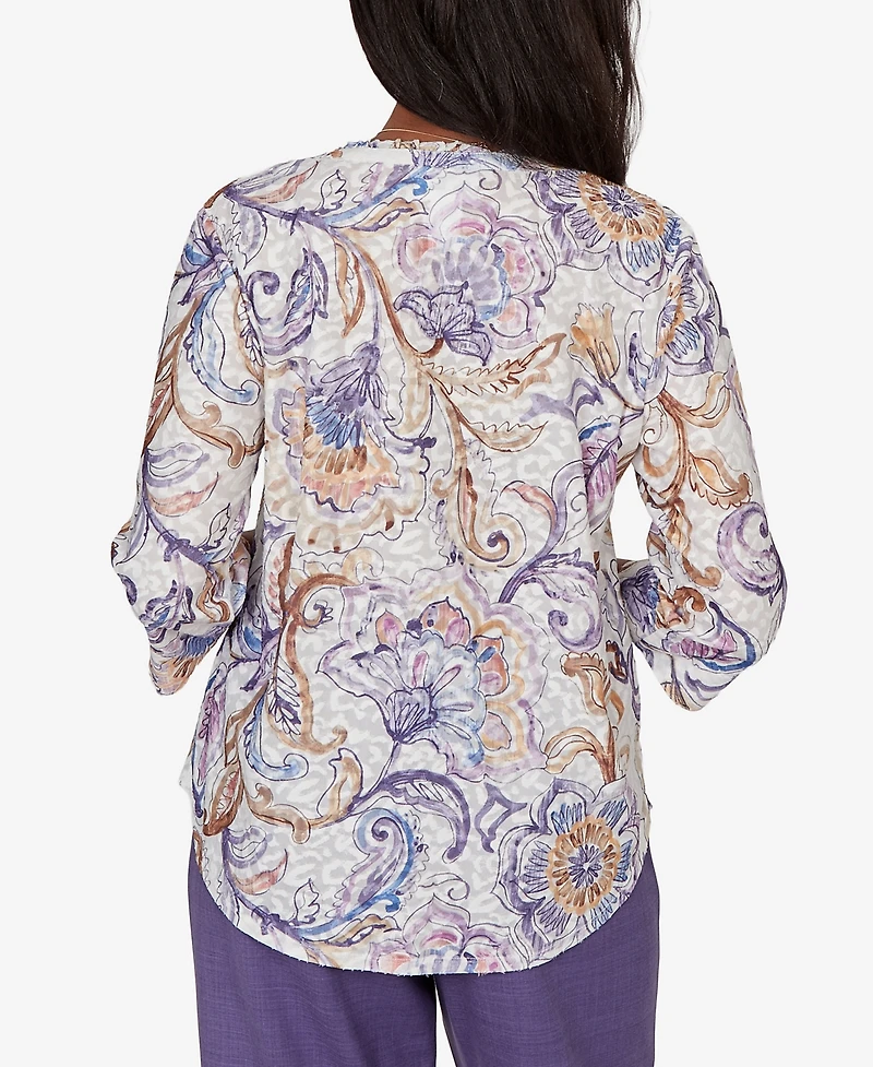 Alfred Dunner Petite Grand Bazaar Jacobean Floral Split Neck Top