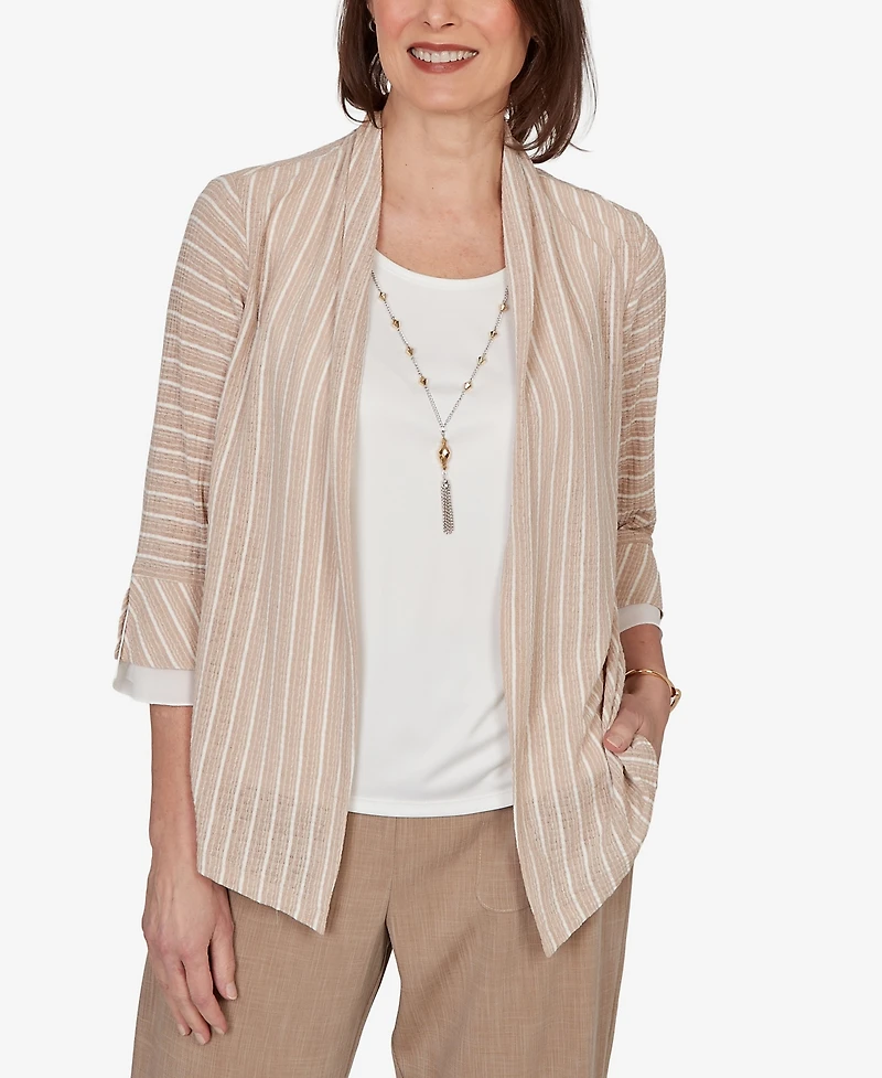 Alfred Dunner Petite Grand Bazaar Vertical Stripe Two-In-One Top with Necklace