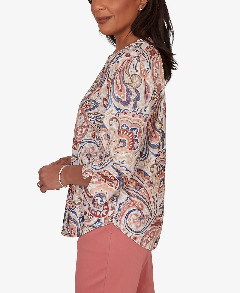 Alfred Dunner Petite Camden Market Paisley Split Neck Knit Top