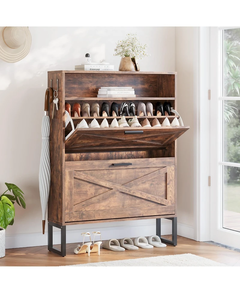 Farmhouse 2-Tier Flip Drawer Shoe Storage Cabinet with Hooks