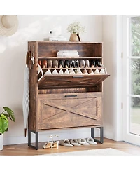 Farmhouse 2-Tier Flip Drawer Shoe Storage Cabinet with Hooks