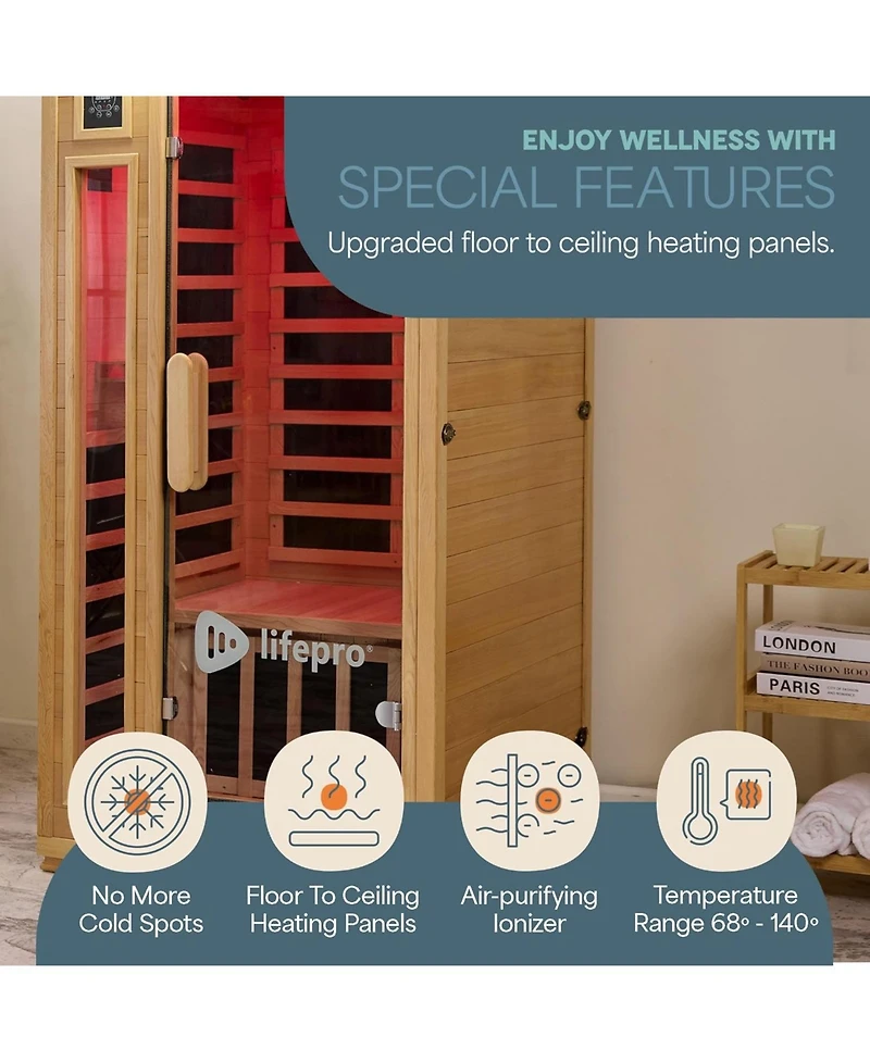 LifePro 1-Person Far Infrared Home Sauna – Indoor Dry Sauna with Canadian Hemlock Wood, Oxygen Ionizer, 7 Chromotherapy Lights, Tempered Glass Door &