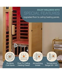 LifePro 1-Person Far Infrared Home Sauna – Indoor Dry Sauna with Canadian Hemlock Wood, Oxygen Ionizer, 7 Chromotherapy Lights, Tempered Glass Door &