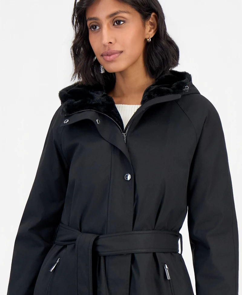 Michael Kors Women's Softshell Hooded Faux Fur Collar Coat, Created for Macy's