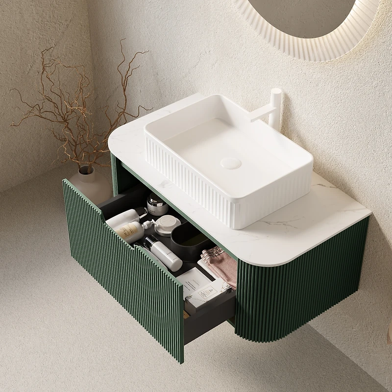 Sillysis Light Green Wall Mounted Bathroom Vanity with Ceramic Sink, Plywood Cabinet, Soft Close Striped Drawer