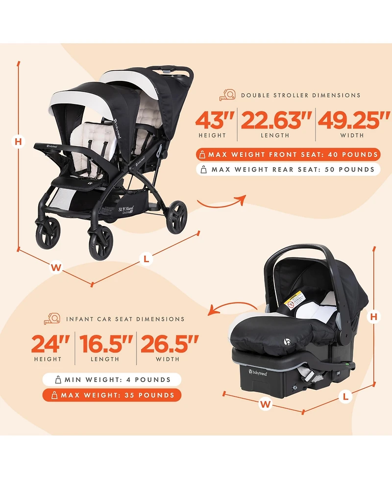 Baby Trend Sit N' Stand Double Stroller with Ez-Lift Plus Infant Car Seat, Khaki