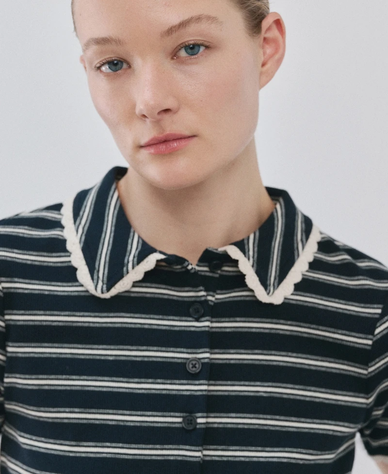Mango Women's Striped Scalloped Polo Shirt