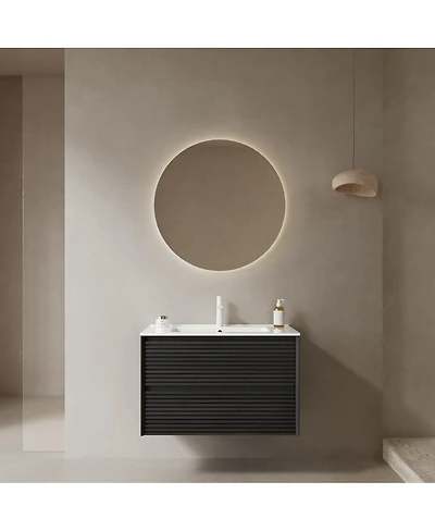 Sillysis 30 Inch Wall-Mounted Bathroom Vanity with Ceramic Sink, 2 Soft Close Drawers, Modern Black Plywood Storage Cabinet