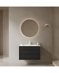 Sillysis 30 Inch Wall-Mounted Bathroom Vanity with Ceramic Sink, 2 Soft Close Drawers, Modern Black Plywood Storage Cabinet
