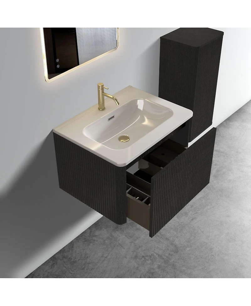 Sillysis 24'' Wall Mounted Bathroom Vanity with Integrated Ceramic Sink, Walnut Floating without Faucet, Pre-assembled