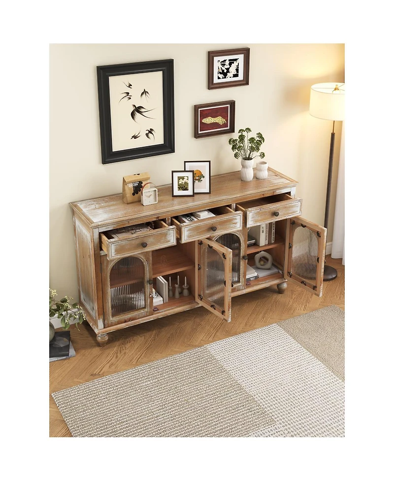 Streamdale Furniture 59 Inch Farmhouse Sideboard Buffet with 3 Drawers and 4 Glass Doors