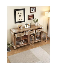 Streamdale Furniture 59 Inch Farmhouse Sideboard Buffet with 3 Drawers and 4 Glass Doors