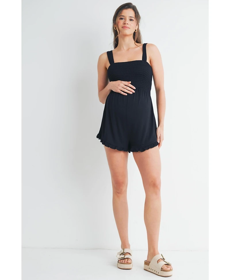 Hello Miz Maternity Smocked Square Neck Sleeveless Romper with Wide Straps