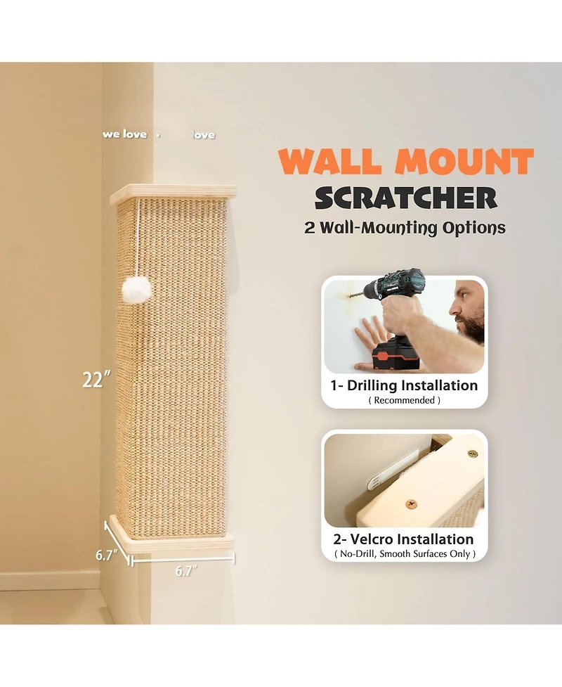 Aronkl Sisal Cat Scratcher with Ball Scratch Pad for Indoor Cats Easy Install Protect Furniture
