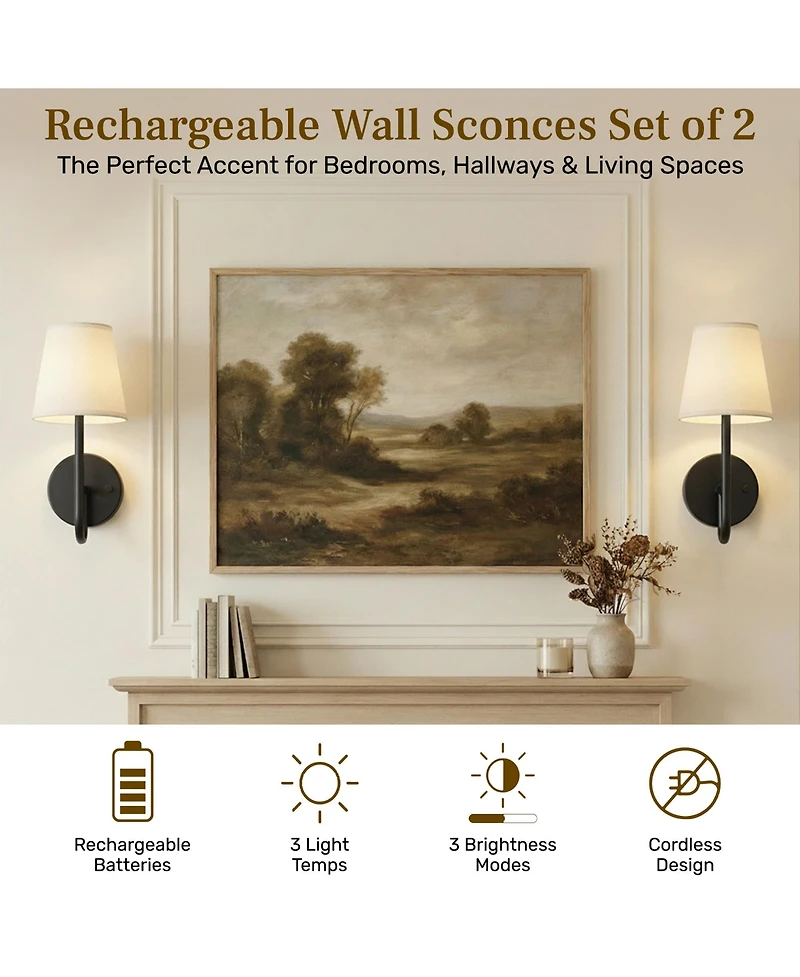 Bell + Howell Set of 2 Modern Fabric Shade Dimmable Led Rechargeable Cordless Touch Control Lights Wall Sconces