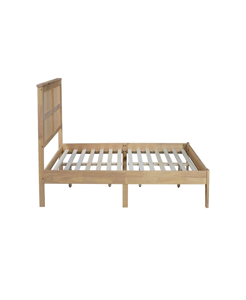 Clihome Queen Size Rubber Wooden, Solid Wooden Bed with Rattan Headboard, Enhanced by Support Feet