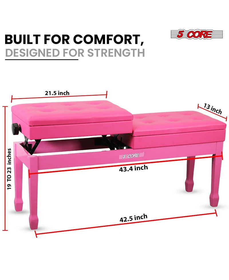 5 Core Duet Piano Bench 3.5 Inch Padded Cushioned Stool Wooden Heavy Duty Musician Chair w Storage