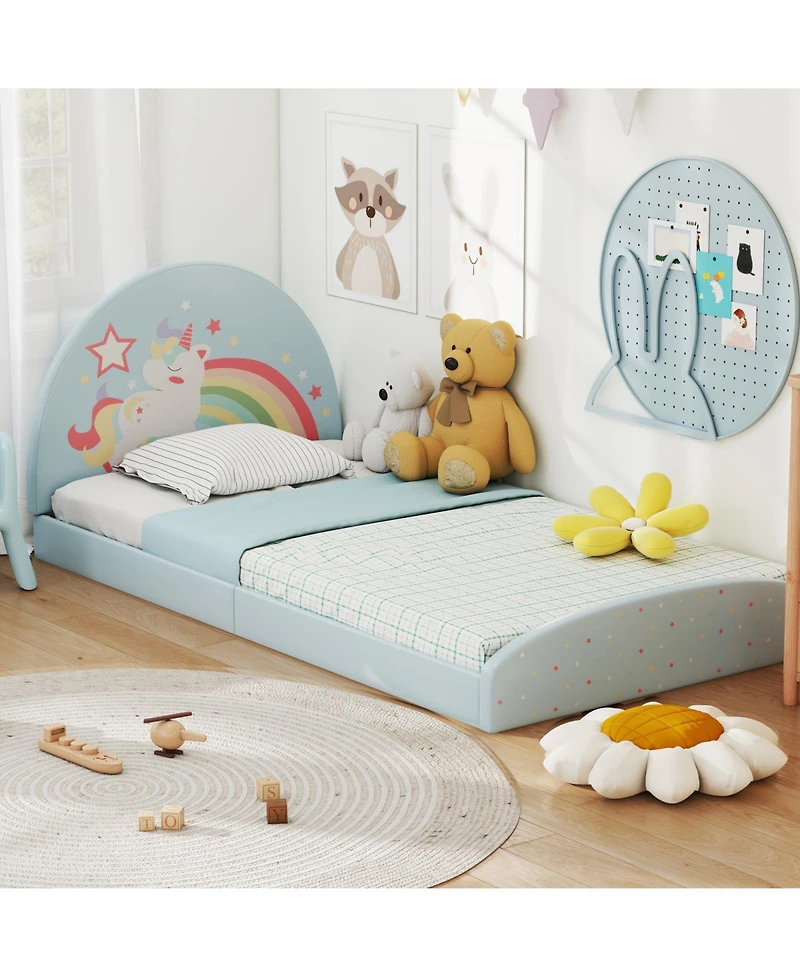Slickblue Twin Kids Floor Bed with Upholstered Frame and Floor Mat