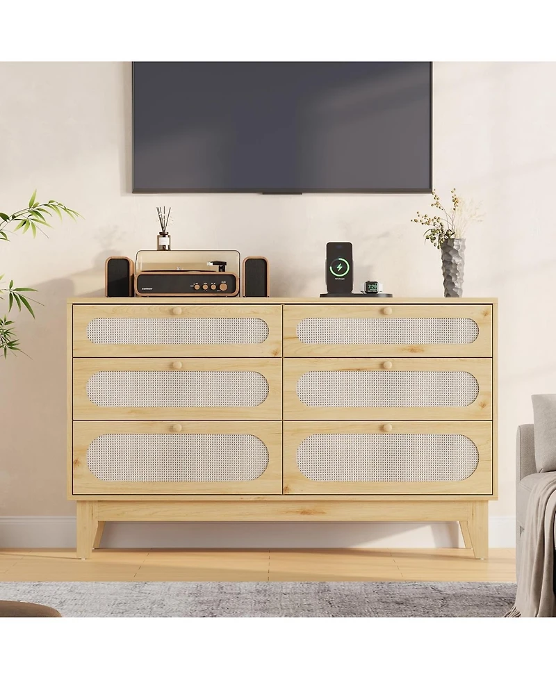 gaomon 6 Chests of Drawers Storage for Bedroom, Rattan Drawer Dresser, with Usb Ports and Outlets, Rattan Storage Dresser for Living Room