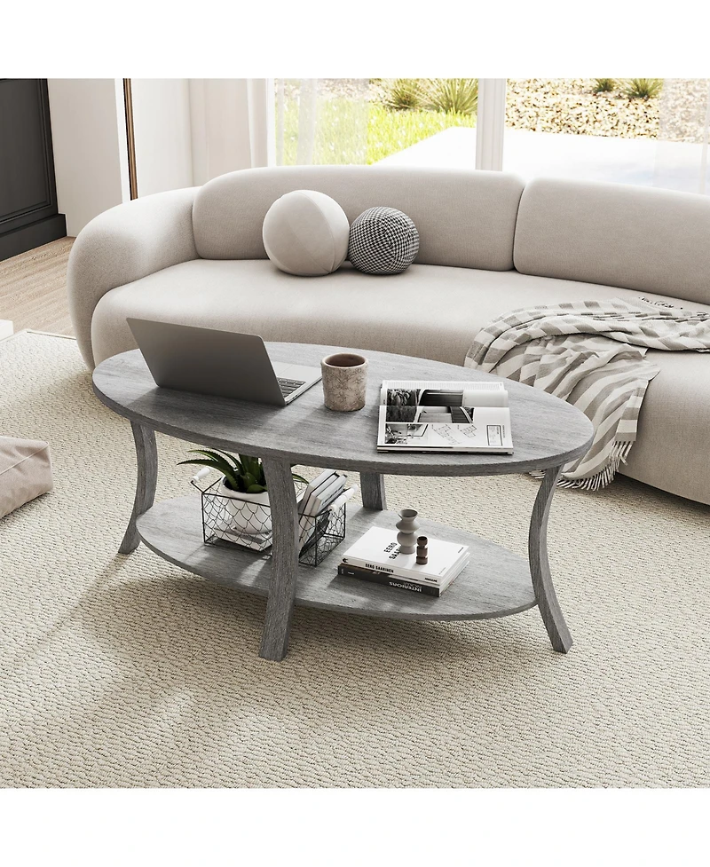 Gymax 2-Tier Oval Coffee Table with Storage Shelf Rubber Wood Accent Tea Table