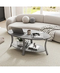 Gymax 2-Tier Oval Coffee Table with Storage Shelf Rubber Wood Accent Tea Table