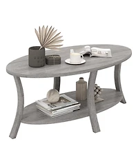 Gymax 2-Tier Oval Coffee Table with Storage Shelf Rubber Wood Accent Tea Table